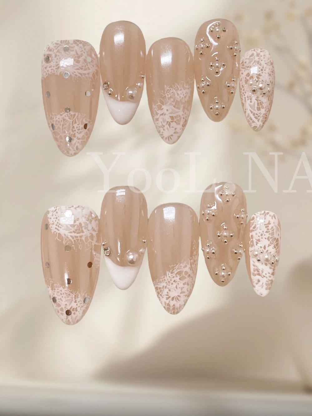 Nude Lace & Pearl Press-On Nails
